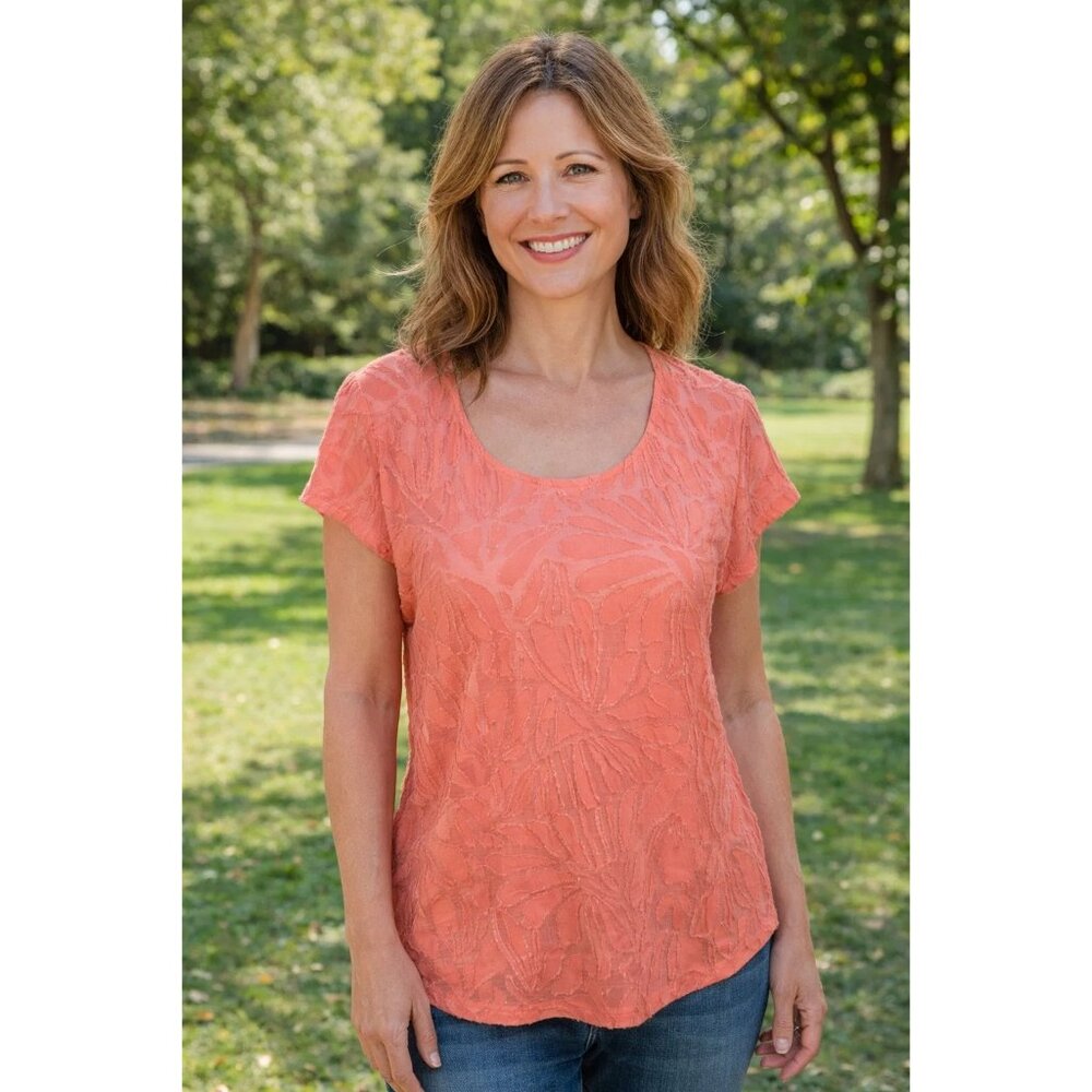 Chico's NEW Burnout Tee SS Ardent Coral Top size 1 Medium (8)